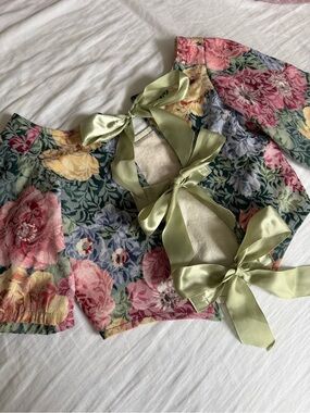 Handmade Floral Tapestry Crop Top Satin Ribbon Tie-back